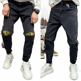 new Fi Luxury Kpop Korean Men's Jeans Casual Denim Slim Fit Pants with Zipper Knee Back Pocket Design Streetwear Pants f5Hl#