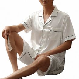 2024 Men Pajama Sets Silk Satin Pijama Turn-down Collar Sleepwear Lg Sleeve Summer Nightwear Male 2 Pieces Sets Homewear P85t#