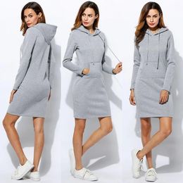 Women Sweatshirt Dress Hooded Long Sleeve Loose Casual Plus Size Warm Ladies Pocket Female Midi Spring Winter Clothing 240315