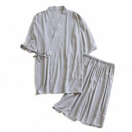 men Traditial Japanese Pyjamas Set Cott Robe Pants Kimo Haori Yukata Nightgown Japan Style Soft Gown Sleepwear Obi Outfit S18g#