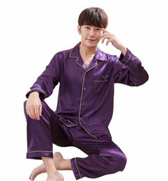 purple Mens Nightwear 2pc Shirt Pants Sleep Pyjamas Sets Sleepwear Spring Autumn Ray Silk Nightgown Robe Clothes Size L - XXXL i9gh#
