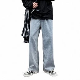 solid Mop Baggy Jeans Men Plus Size 3XL Chic All-match Autumn Wide Leg Trousers Korean Style Streetwear Retro 04a0#
