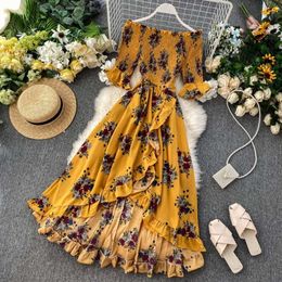 Beach Vacation Floral Long Dress, Goddess With One Shoulder, High Waist, Slim Appearance, Niche, Irregular Ruffled Edge Dress 988511