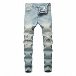 men Stacked Ripped Stretch Cott Jeans Streetwear Retro Blue White Distred Denim Pants Boyfriend Cool Punk Slim Fit Trousers m6hC#