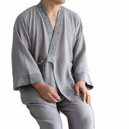 cott Mens Pyjamas Japanese Kimo Plus Size Lg-sleeve Trousers Casual Comfortable Home Service Two-piece Suit Sleepwear o4CN#