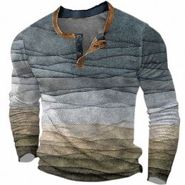 Colour Block Henley Shirts Gradient 3D Print Streetwear Men's Fi Butt-Down Lg Sleeve T Shirt Man Male Tees Tops Clothing 60so#