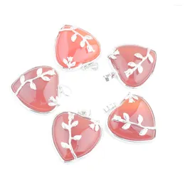 Pendant Necklaces Natural Red Agate Stone Love Heart Silver Plated Flower Healing Reiki Chakra Charm Women Man Jewellery 5Pcs TN3189