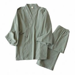 japanese-style kimo, cott gauze, spring and autumn men's plaid nightgown two-piece home service yukata lace-up pajama set r0sH#