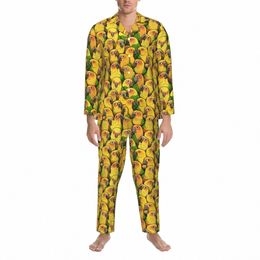 yellow Parrot Print Sleepwear Spring Jenday Cures Vintage Oversized Pyjama Sets Lg Sleeves Trendy Leisure Graphic Nightwear i72V#