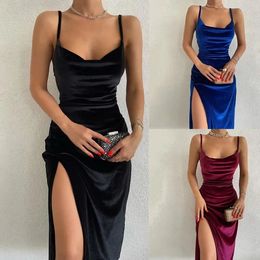 Hugcitar Velvet Swing Collar Sleeveless Slip Sexy Slit Maxi Dress Fashion Evening Party Women Elegant Streetwear Y2K 240314