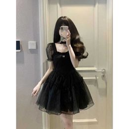 French Hepburn Style Black Bubble Sleeved Dress for Children Summer Runaway Princess Ancient Fluffy