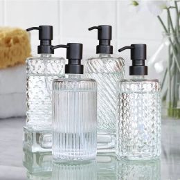 Dispensers Glass Lotion Bottle Black Stainless Steel Compression Pump Soap Bottle Clear Press Bathroom Soap Bathroom Accessories Dispenser