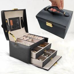 Three-tier jewelry box jewelry storage box portable lock earrings necklace ring storage box wooden cross-border . 240314