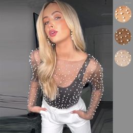 Women's T Shirts Carnival Style Pearls Beaded Rhinestone Detail Sheer Mesh Crop Clubwear Cover Up Top Perspective Long Sleeves