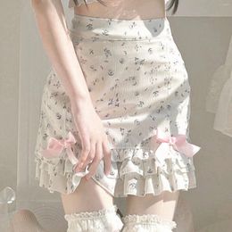 Skirts Women's Summer Skirt With Satin Bow Floral Print High Waist Ruffled Hem Mini A-Line Chiffon