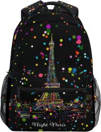 Bags Night Paris Eifel Tower Colourful Polka Dot Stylish Large Backpack Personalised Laptop Tablet Travel School Bag for Men Women