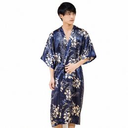 navy Blue Men Kimo Robe Comfortable Soft Satin Bath Gown Intimate Lingerie Summer Casual Half Sleeve Home Wear Sleepwear T4pZ#