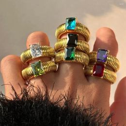 Cluster Rings Punk Exaggerate Multicolour Crystal For Women 18K Gold Plated Waterproof Twist Square Thick Ring Hiphop Vintage Jewellery