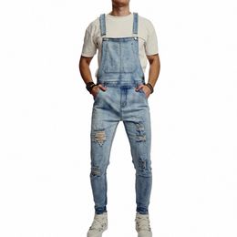 men Stylish Ripped Slim Motorcycle Jeans Bib Overalls Jumpsuits Jeans Male Casual Stretch Dungarees Biker Strap Denim Pants g5lF#
