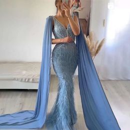 Blue Feathers Sharon Mermaid Evening Said Dress With Cape Sleeves Lilac Beaded Prom Dresses For Women Wedding Party Ss027 es