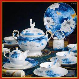 Dinnerware Sets Jingdezhen Ceramic Tableware Household Bowls And Dishes Set High-grade Gilt Blue White Chinese Bone China