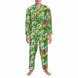 pajamas Mens Tropical Floral Print Leisure Sleepwear Parrot And Leaf Two Piece Casual Pajama Sets Lg Sleeves Lovely Home Suit z47W#