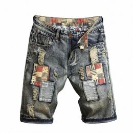 spliced Ripped Hole Short Jeans Men Streetwear Vintage Denim Shorts Male Patch Plaid Hip Hop Fi Shorts for Mens v8Js#