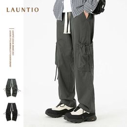 Dragon Wide Edition Workwear in Spring 2024, Popular the Streets, Large Pockets on Both Sides Decorated with Hanging Ropes, Pure Cotton Casual Pants for Men