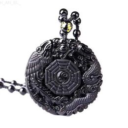 Pendant Necklaces Natural Black Obsidian Hand Carved Chinese Dragon Phoenix BaGua Lucky Amulet Mascot Necklace For Women Men Phoenix NecklaceC24326
