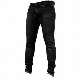 summer Men Jeans Multi Pockets Black Denim Mid Rise Stretchy Skinny Jeans Plus Size Pants Streetwear 83gc#
