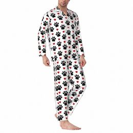 cute Red Heart Pajama Sets Spring Black Paws Print Fi Sleep Sleepwear Men 2 Piece Retro Oversized Design Nightwear Present v18d#