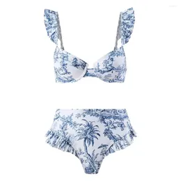 Women's Swimwear Bohemian Resort Style Bohemia Bikini Set With Ruffle Sleeve Bandeau Bra High Waist Swim Floral Print Beach