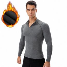 lg Sleeve T Shirt For Men Elastic Tight Thin Fleece Winter Men Clothing Thermal Fitn Tshirts Zipper Neck H2BD#