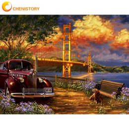 Number CHENISTORY Framed 60x75cm Oil Painting By Numbers Kits Car On Bridge Landscape Picture By Number Acrylic Canvas Hand Made Art