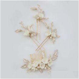 Tiaras Slbridal Handmade Freshwater Pearls Ceram Flower Bridal Hair Comb Pin Set Headpiece Jewelry Accessories 240311 Drop Delivery Ha Ot3N7