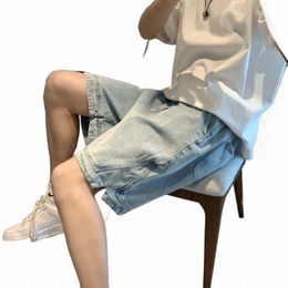 summer Men's Fi Pocket Baggy Jeans Shorts Loose Straight Capris Jeans For Men Streetwear Cargo Short Pants ropa hombre l2AD#