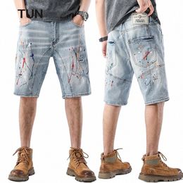 summer Denim Shorts Jeans Men Hip Hop Painting Streetwear Ripped Short Jeans Male Patchwork Light Blue Stretch Jeans Knee Length w0io#
