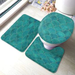 Mats Mermaid Fish Scale Wave Bath Mat Watercolour Dark Teal Turquoise with Gold Line Bathroom Mat Set 3 Pieces Rug Toilet Seat Lid