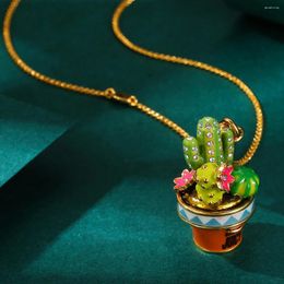 Pendant Necklaces Fashion Enamel Can Open Cactus Flower Pot Necklace Women's Niche Sweater Chain With Accessories