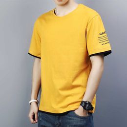 Summer Short Sleeve T-shirt Mens Fashion Brand Fake Two Youth Simple Letter Bottomed Shirt Korean Round Neck Top