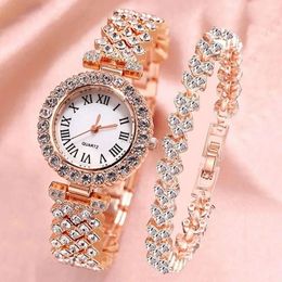 Wristwatches 1/2Pcs Luxury Women Shiny Bracelet Watches Rose Gold Watch Fashion Ladies Elegant Quartz Diamond Wristwatch Female