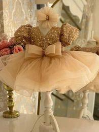 Sequin Champagne Flower Girl Dress For Wedding Short Tulle Puffy Shining With Bow Kids Baby Princess Birthday Party Gown 240312