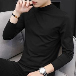 Modal Long Sleeved T-shirt for Mens Autumn Top Spring and Inner Wear with a Middle Collar Clothing Half High Bottom Shirt