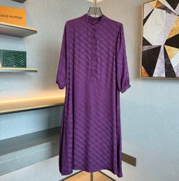 Womens Dress Fashion brand Purple silk round neck half sleeved loose fitting midi dress