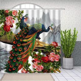 Shower Curtains Fashion Curtain Beautiful Peacock Spring Peony Ink Landscape Painting Waterproof Fabric With Hook Bathroom Decoration