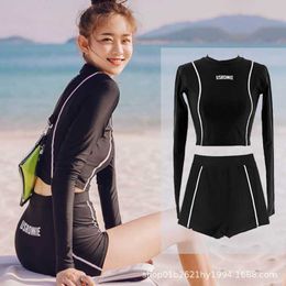 South Koreas new high waist split black long sleeve small flat corner conservative slim two-piece womens sunscreen swimsuit