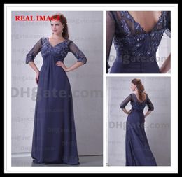 2015 Royal Blue Chiffon Prom Dresses Pleated Appliques Floor Length Three Quarter Sleeve BY034 Dhyz 015571347