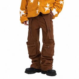 2023 Cool Design Bandage Pockets Vintage Brown Baggy Men Cargo Jeans Pants Y2K Hip Hop Women Cott Lg Trousers Pantali Uomo q3tY#