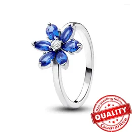 Cluster Rings Gorgeous 925 Sterling Silver Blue Sparkling Herbarium Ring Women Attractive Flower Shape Party Jewelry Accessories