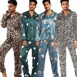 new Spring Summer Men 2PCS Pajamas Set Print Silk Satin Sleepwear Lg Sleeve Pijamas Suit Loose Casual Home Clothes Loungewear E2T1#